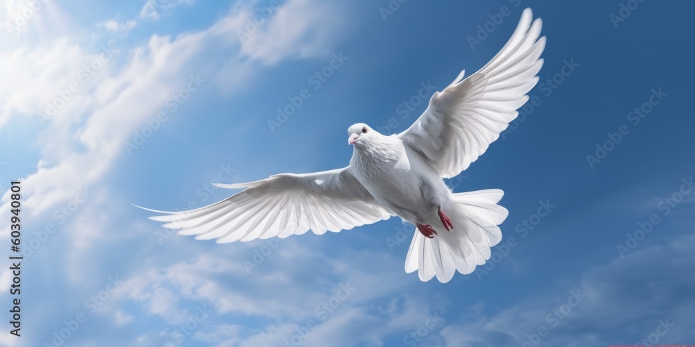 White Dove Flying on Blue Sky Background, Bird of Peace Symbol, International Peace Day. Generative Ai White Dove Flying on Blue Sky Background, Bird of Peace Symbol, International Peace Day. Generative Ai