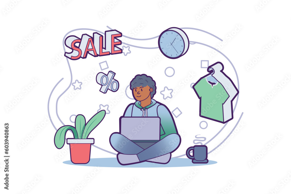 Online shopping concept with people scene in the flat cartoon design. A guy chooses new clothes with discounts in an online store. Vector illustration. Online shopping concept with people scene in the flat cartoon design. A guy chooses new clothes with discounts in an online store. Vector illustration.