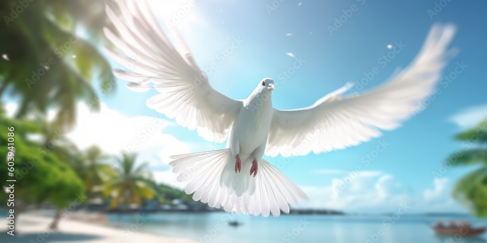 Fototapeta premium White Dove Flying on Tropical Beach Sea Background, Bird of Peace Symbol, International Peace Day. Generative Ai