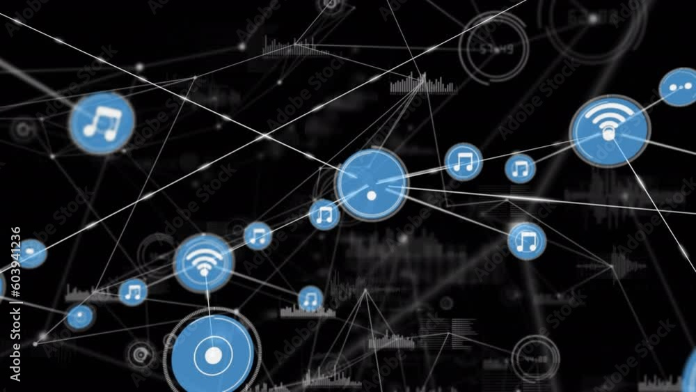 Animation of network of connections with icons over black background Animation of network of connections with icons over black background
