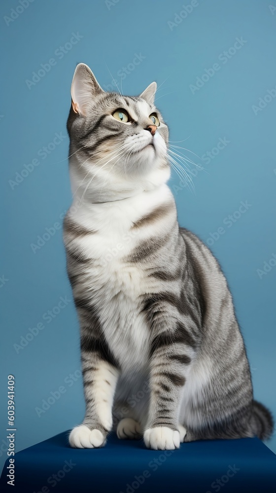 Studio shot of a gray and white striped cat sitting - Generative Ai