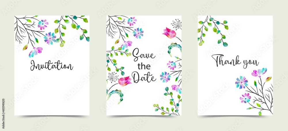 Bright Fresh Watercolor Florals Vector Card Template Set