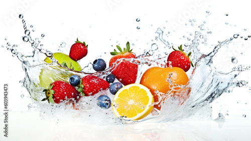 Mixed fruits and berries in water splash on white background