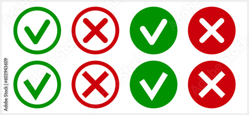 Green tick and red cross icon Check mark clipart set. X, yes, no symbol. Vector stock illustration EPS 10