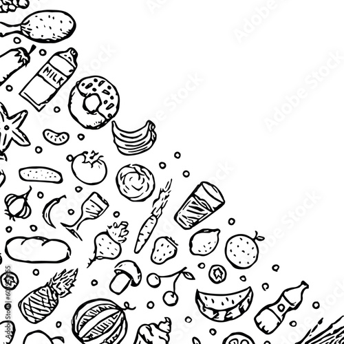 Drawn food background. Doodle food illustration with place for text photo