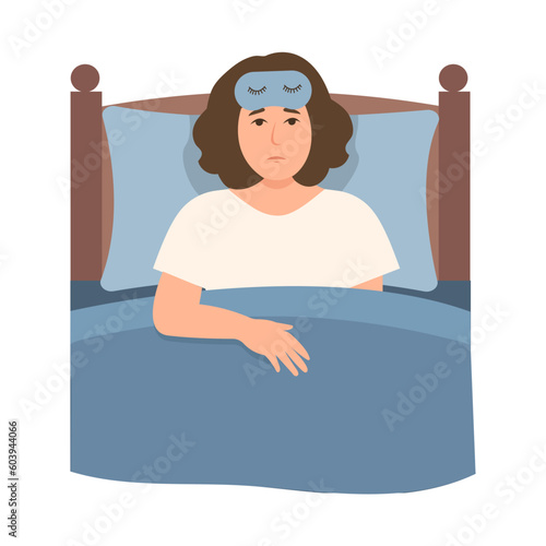 Woman suffering from insomnia.Girl  in bed with open eyes in darkness. Concept of late at night, sleeping disorder, tired and sleepless, illness, depression effect. Flat vector illustration