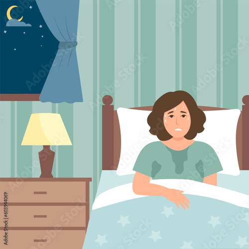 .Woman suffering from night sweats or hot flashes. Menopause or disease symptoms. Flat vector illustration..