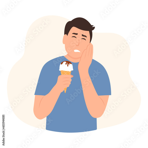 .Man with sensitive teeth. Guy having toothache while eating cold ice cream touching his cheek. Dental problem concept vector illustration..