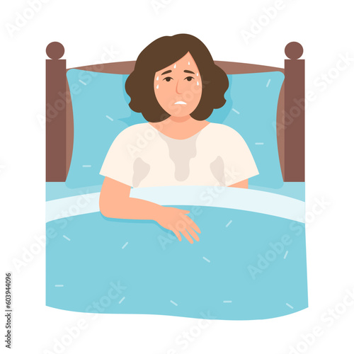.Woman suffering from night sweats or hot flashes. .Night sweat or hot flashes in. Menopause or disease symptoms. Flat vector  illustration.