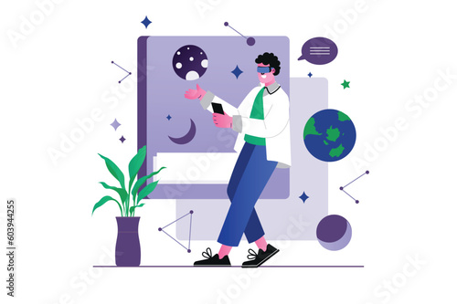 Metaverse concept with people scene in the flat cartoon design. The guy spends time in the metauniverse, which he entered with the help of a phone and VR glasses. Vector illustration.