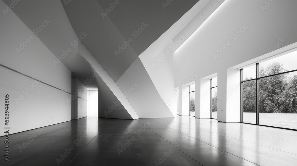 A modern and minimalist architecture. Interior of a spacious hall created with generative ai technology. A modern and minimalist architecture. Interior of a spacious hall created with generative ai technology.
