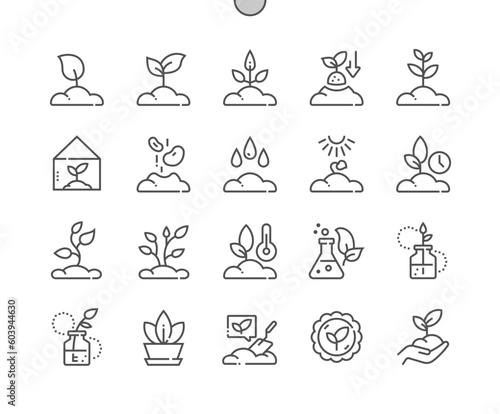 Plant. Growing, sprout in the ground. Greenhouse, gardening. Plant breeding. Pixel Perfect Vector Thin Line Icons. Simple Minimal Pictogram