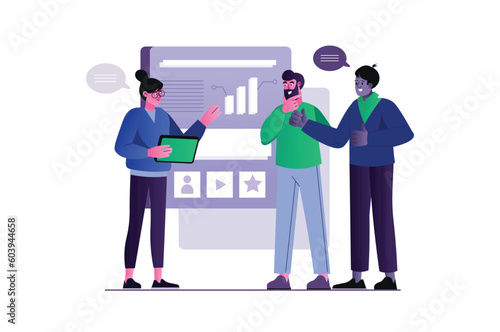 Business meeting concept with people scene in the flat cartoon design. Business colleagues met to discuss matters. Vector illustration.