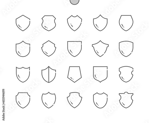 Shield. Guard badge. Heraldic, insignia. Protection and security. Pixel Perfect Vector Thin Line Icons. Simple Minimal Pictogram