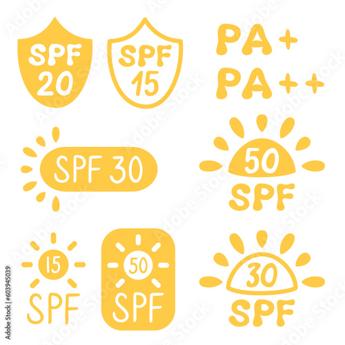 Set of SPF sun protection icons for sunscreen packaging in cute cartoon flat style. PA icons for sunscreen products.