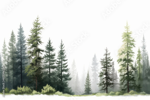A calm winter landscape with a row of trees covered in snow, evoking a sense of tranquility. AI Generative. © sorapop