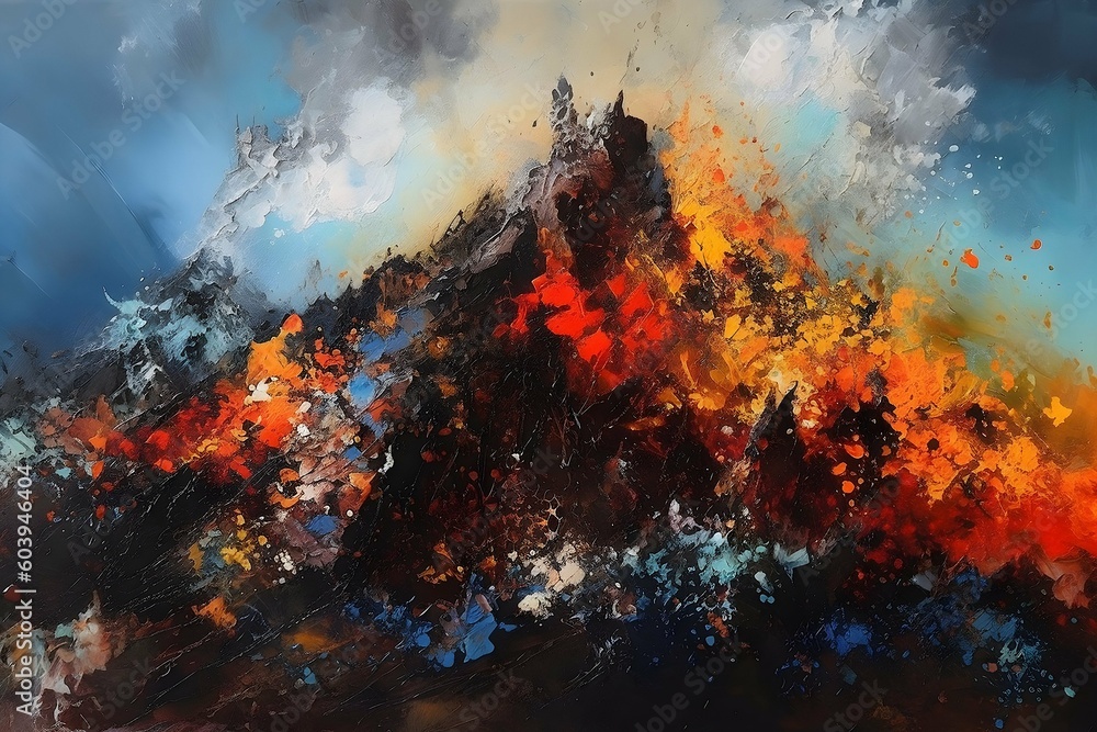 Painting of a dramatic, volcanic landscape with bubbling lava and steam vents. Created with Generative AI technology.