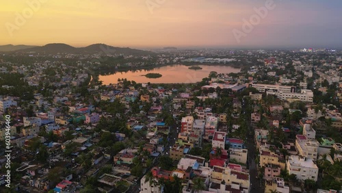 Beautiful aerial view of Chennai city during sunset, drone shots of cityscape at sunset