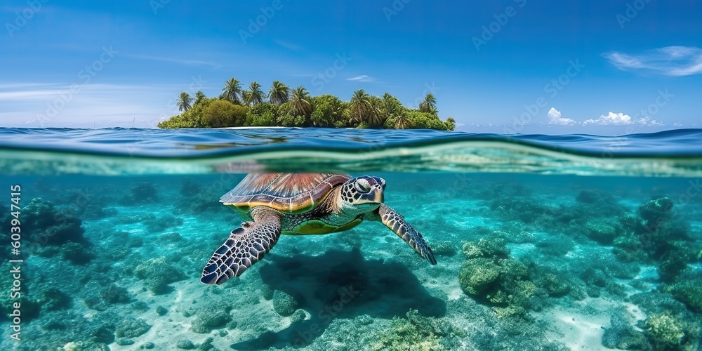 AI Generated. AI Generative. Photo realistic illustration of diving turtle under sea. Graphic Art AI Generated. AI Generative. Photo realistic illustration of diving turtle under sea. Graphic Art
