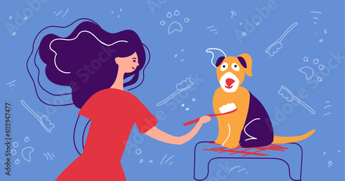 Tableau sur toile The girl brushes the dog's teeth