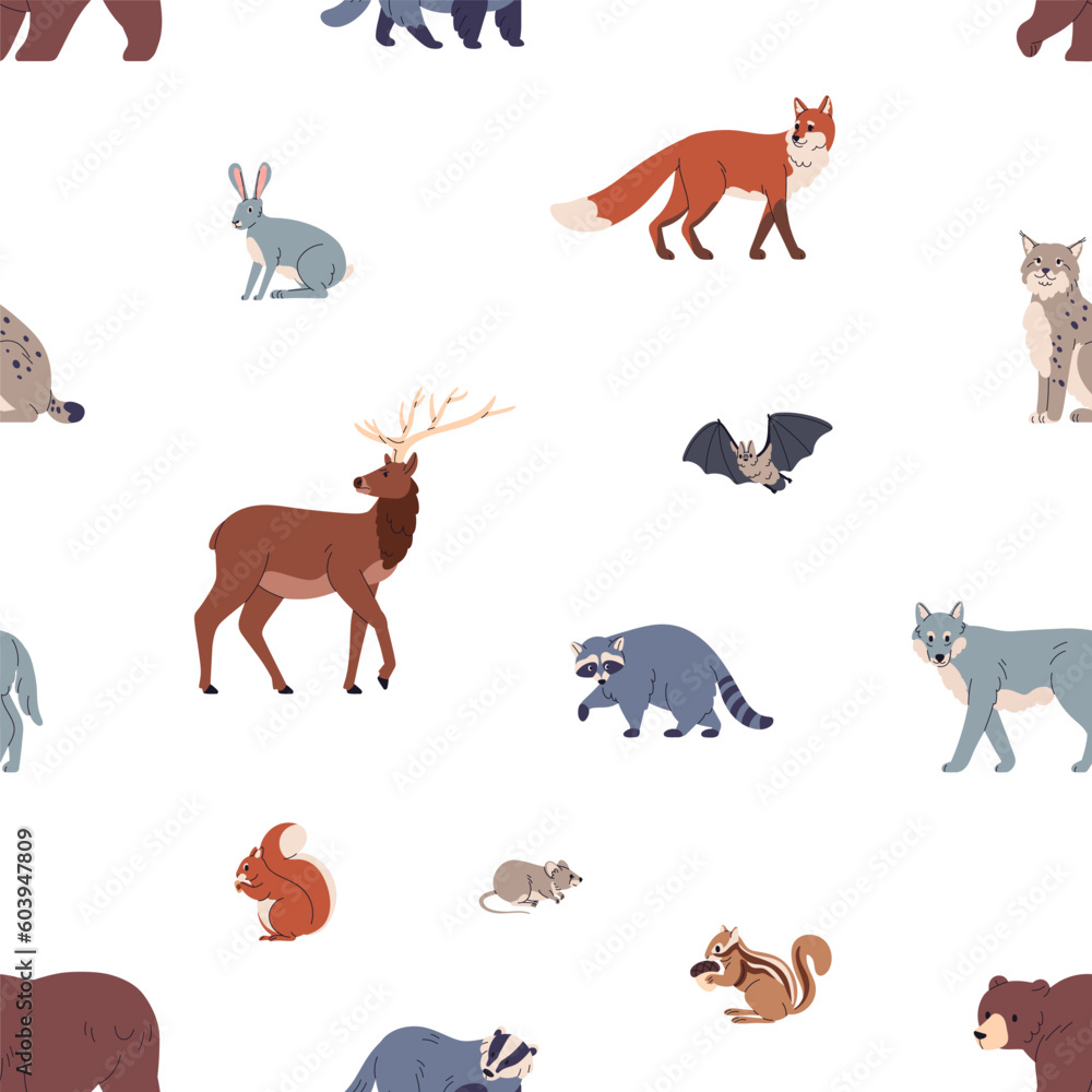 Seamless pattern, wild forest fauna. Woods animals, repeating print, endless zoo background design. Wildlife species, beasts, rodents, wolf, fox, lynx, raccoon. Colored flat vector illustration