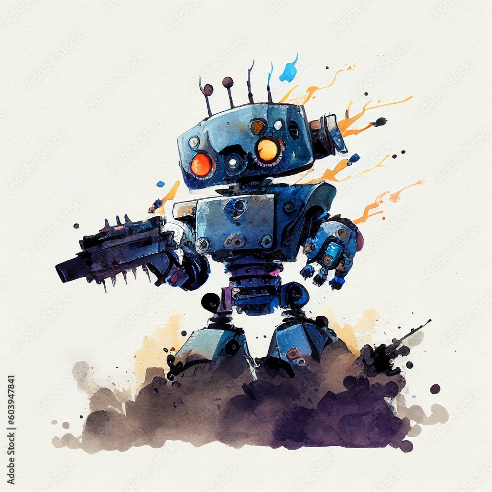 robot with a machine gun, watercolor style Generative AI