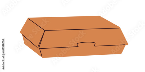 Take-away box. Delivery and takeaway package from beige cardboard, paper. Takeout food pack, closed rectangle craft container for meal, dish. Flat vector illustration isolated on white background