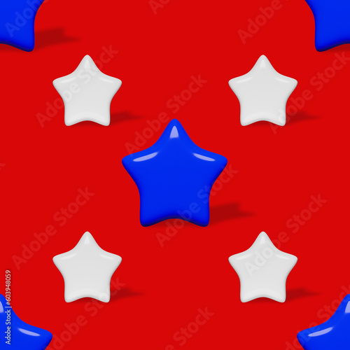 Blue white 3D stars background with shadow seamless pattern. 4th of July USA flag holiday festive advertising party clothes fabric sublimation printing design. Digital paper with patriotic symbolics.
