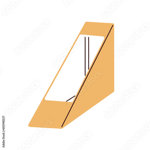 Take-away box, sandwich pack. Delivery and takeaway kraft paper package of triangle shape. Takeout, fast food container from paperboard, plastic. Flat vector illustration isolated on white background