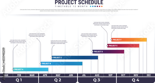 Project schedules template or Planning calendar. Business schedule timeline.