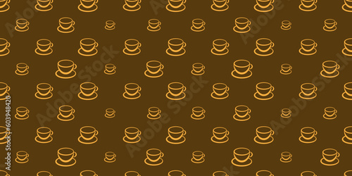 Many Brown Coffee Cup or Soup Bowl Symbols of Various Sizes - Seamless Pattern on Wide Scale Dark Background - Design Template in Editable Vector Format