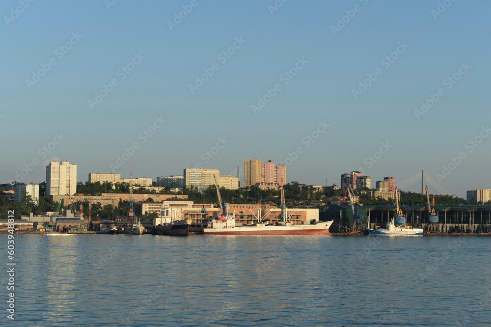 Sea vessels at the berth of the port in Vladivostok