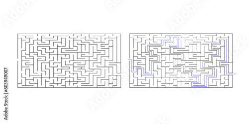 Labyrinth maze game vector illustration with solution. Find right way, simple logic game. Puzzle for kids. 