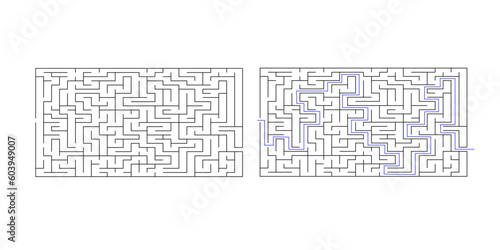 Labyrinth maze game vector illustration with solution. Find right way, simple logic game. Puzzle for kids.	