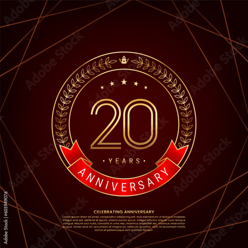 20th anniversary logo with golden laurel wreath and double line numbers, logo design for anniversary celebration event, double line style vector design