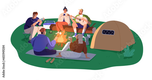 Happy friends at camping, campsite, sitting around fire on summer holiday. Campers, hikers relaxing at campfire, campground, nature. Flat graphic vector illustration isolated on white background
