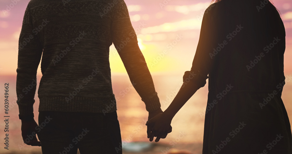 Couple, holding hands and sunset beach sky with love on vacation, holiday or adventure. Silhouette of man and woman together for freedom, marriage and travel journey or commitment outdoor in nature - obrazy, fototapety, plakaty 