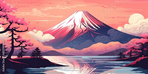 AI Generated. AI Generative. Retro Vintage gravure illustration of Japan Mountain in sakura colors. Adventure vibe. Graphic Art