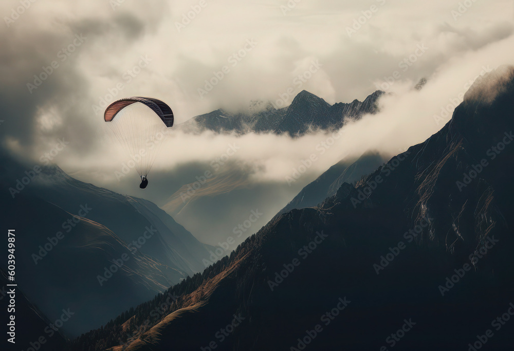 a paraglider flying high over a mountaintop, in the style of surreal architectural landscapes, gloomy a paraglider flying high over a mountaintop, in the style of surreal architectural landscapes, gloomy