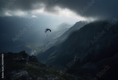 a paraglider flying high over a mountaintop, in the style of surreal architectural landscapes, gloomy