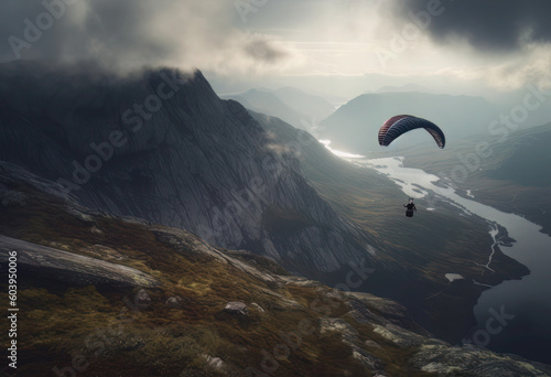 a paraglider flying high over a mountaintop, in the style of surreal architectural landscapes, gloomy