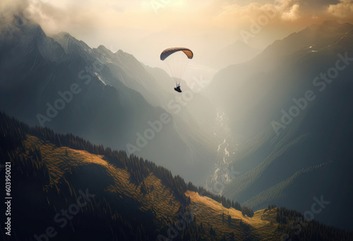 a parasailer flies from the top of a mountain, in the style of photo-realistic landscapes, mysterious backdrops, textured, organic landscapes