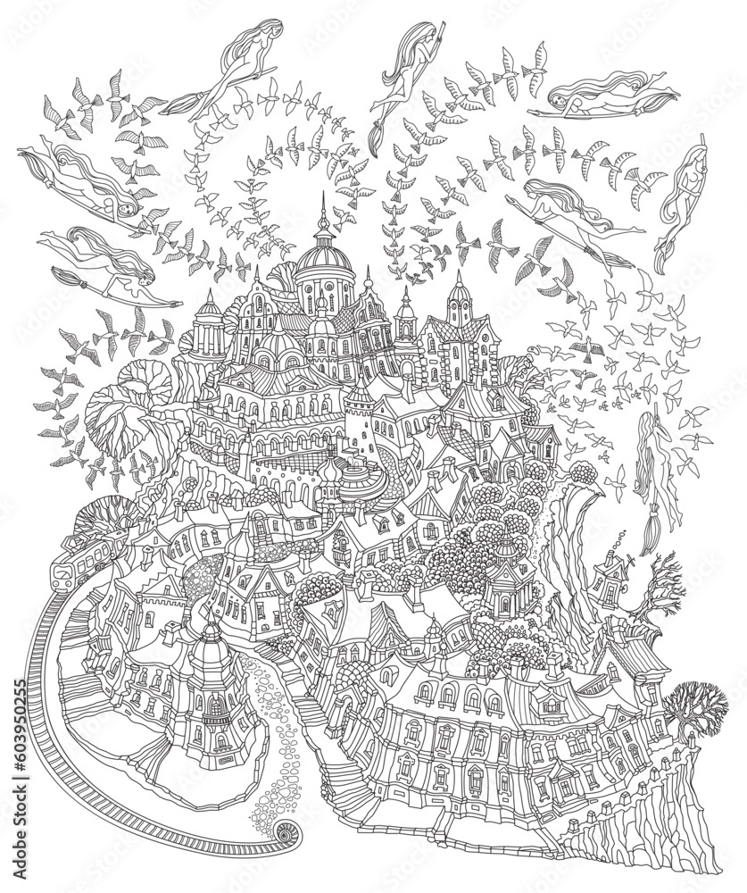 Vector black and white contour fantasy landscape, small town buildings, churches, flocks of birds and flying witches on a broomstick