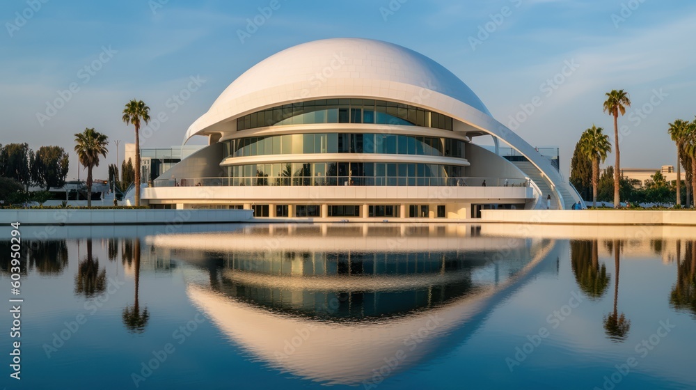 Glowing in the sunset's warm embrace, the modern city hall, an ode to organic architecture, stands elegant over tranquil waters. Its minimalist design casts long, dramatic shadows, Generative AI Glowing in the sunset's warm embrace, the modern city hall, an ode to organic architecture, stands elegant over tranquil waters. Its minimalist design casts long, dramatic shadows, Generative AI