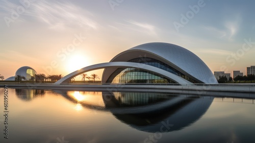 Glowing in the sunset's warm embrace, the modern city hall, an ode to organic architecture, stands elegant over tranquil waters. Its minimalist design casts long, dramatic shadows, Generative AI