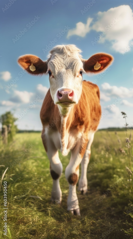 A cow stands in a summer meadow and looks straight into the camera, blue sky, portrait format (Generative AI, Generativ, KI)
A cow stands in a summer meadow and looks straight into the camera, blue sky, portrait format (Generative AI, Generativ, KI)