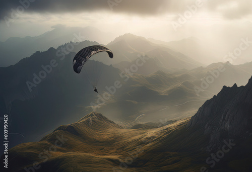 Paraglider flying over tall mountain structure and through clouds on a bright and hazy day