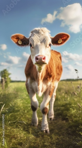 A cow stands in a summer meadow and looks straight into the camera, blue sky, portrait format (Generative AI, Generativ, KI) 