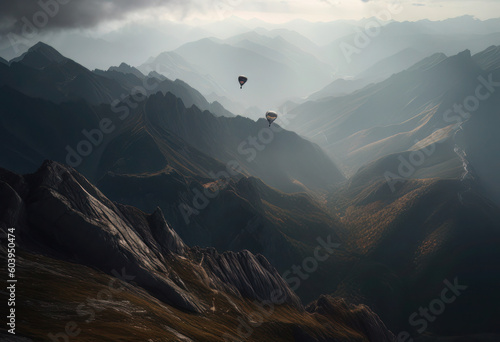 aerial paragliding over mountain peaks, in the style of muted tones, surrealism, dark, moody landscape, wimmelbilder, sharp focus, fantasy-based