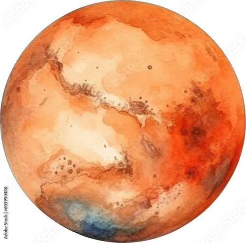 Mars planet watercolor isolated. Generative AI.